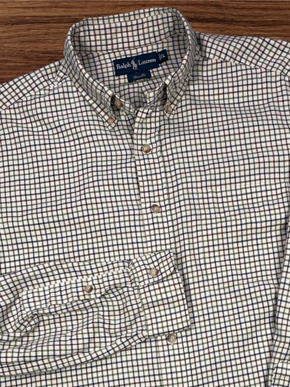 Ralph Lauren Cream Check Pattern Cotton Twill L/S Button Down Shirt. Large